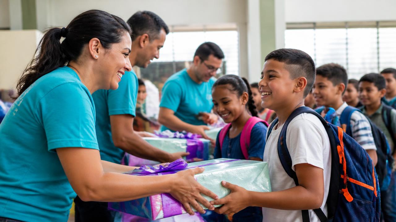 Voluntarios de la Fundación WNet entregando regalos y útiles escolares a niños