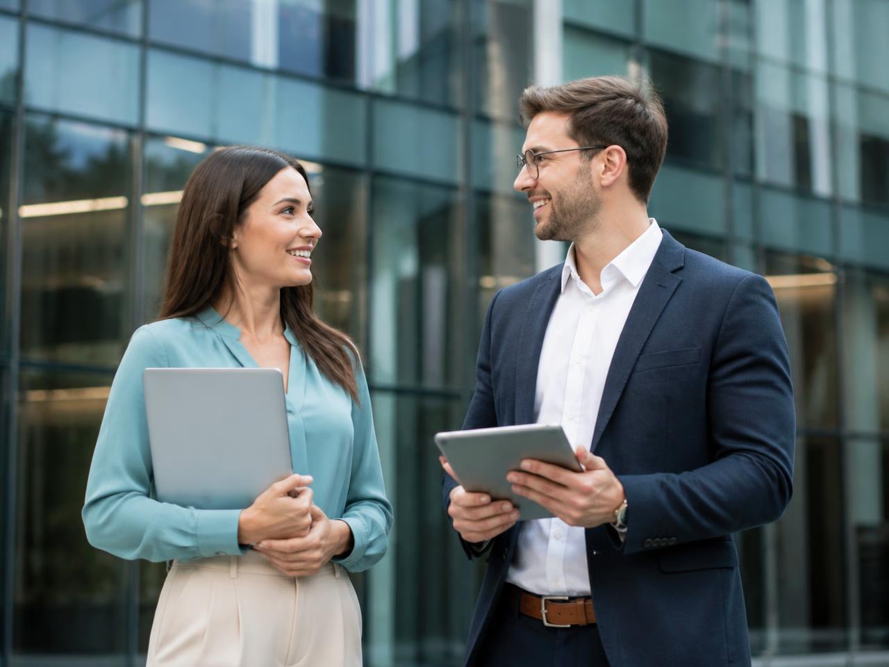 Profesionales de negocio conversando frente a su oficina