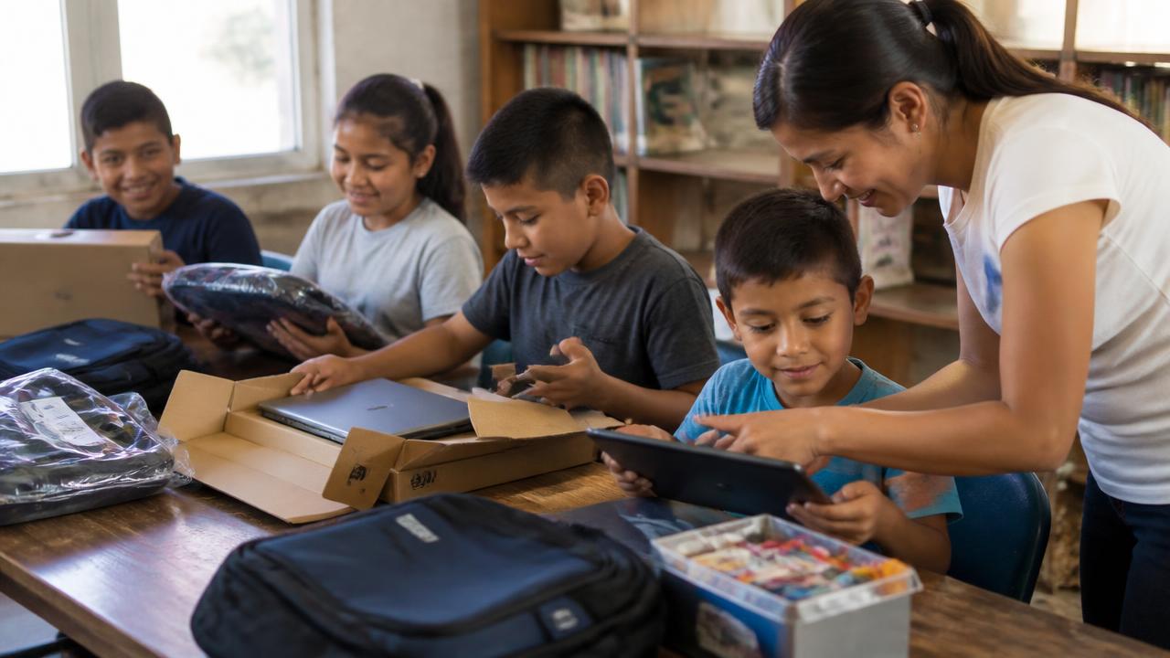 Niños explorando tablets y laptops donadas en un taller tecnológico