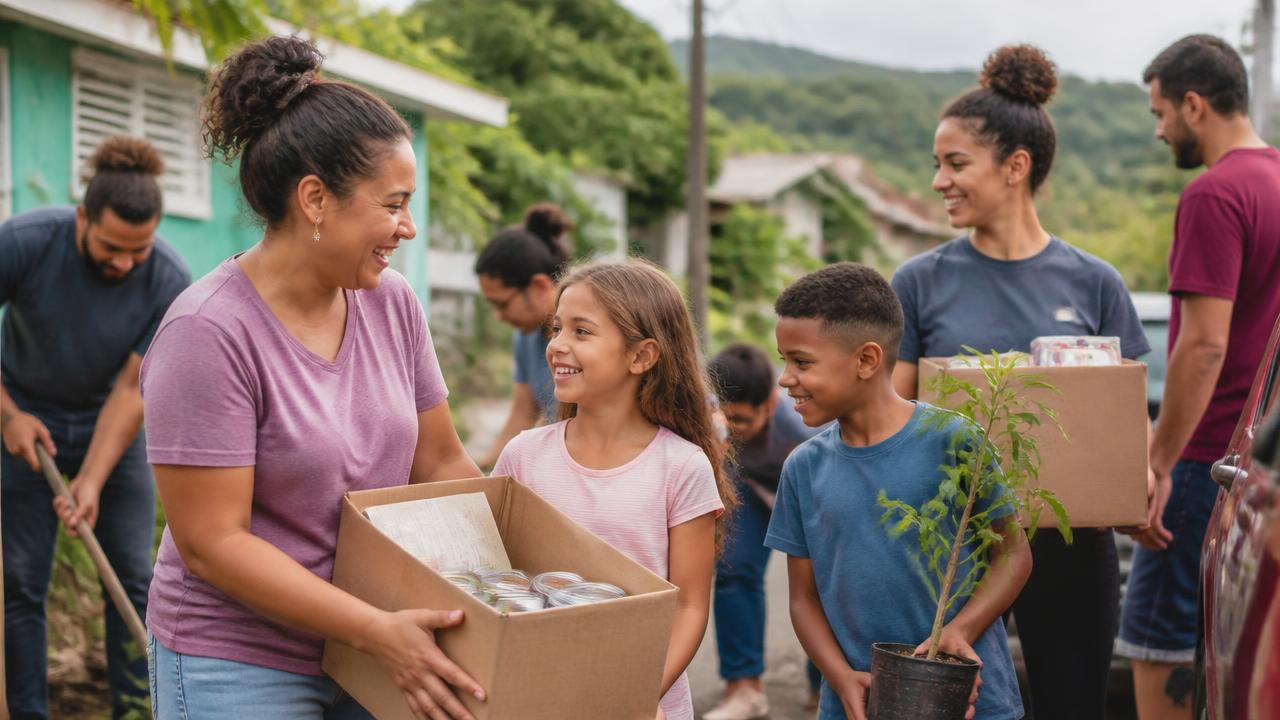 Voluntarios y familias trabajando juntos en una actividad comunitaria al aire libre